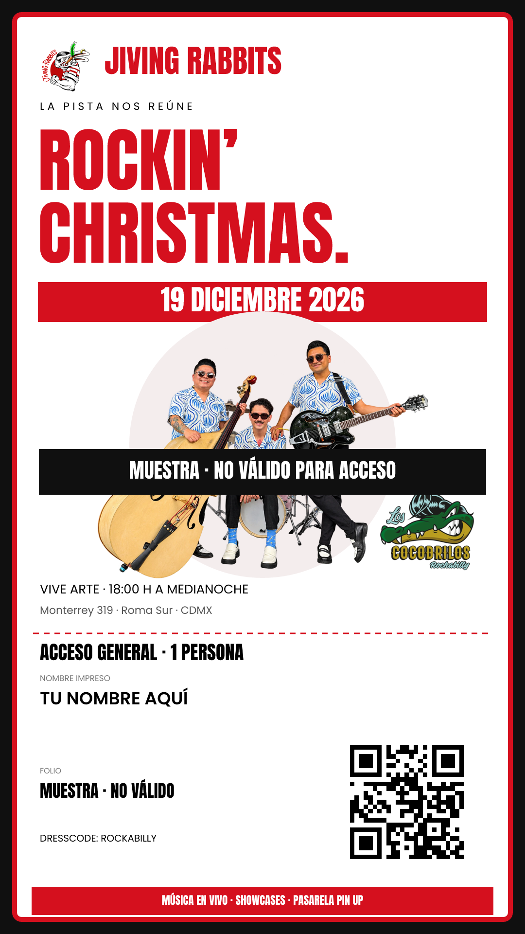 Propuesta de boleto de Rockin’ Christmas con fecha, sede, folio y QR de muestra. Marcado MUESTRA, NO VÁLIDO PARA ACCESO.
